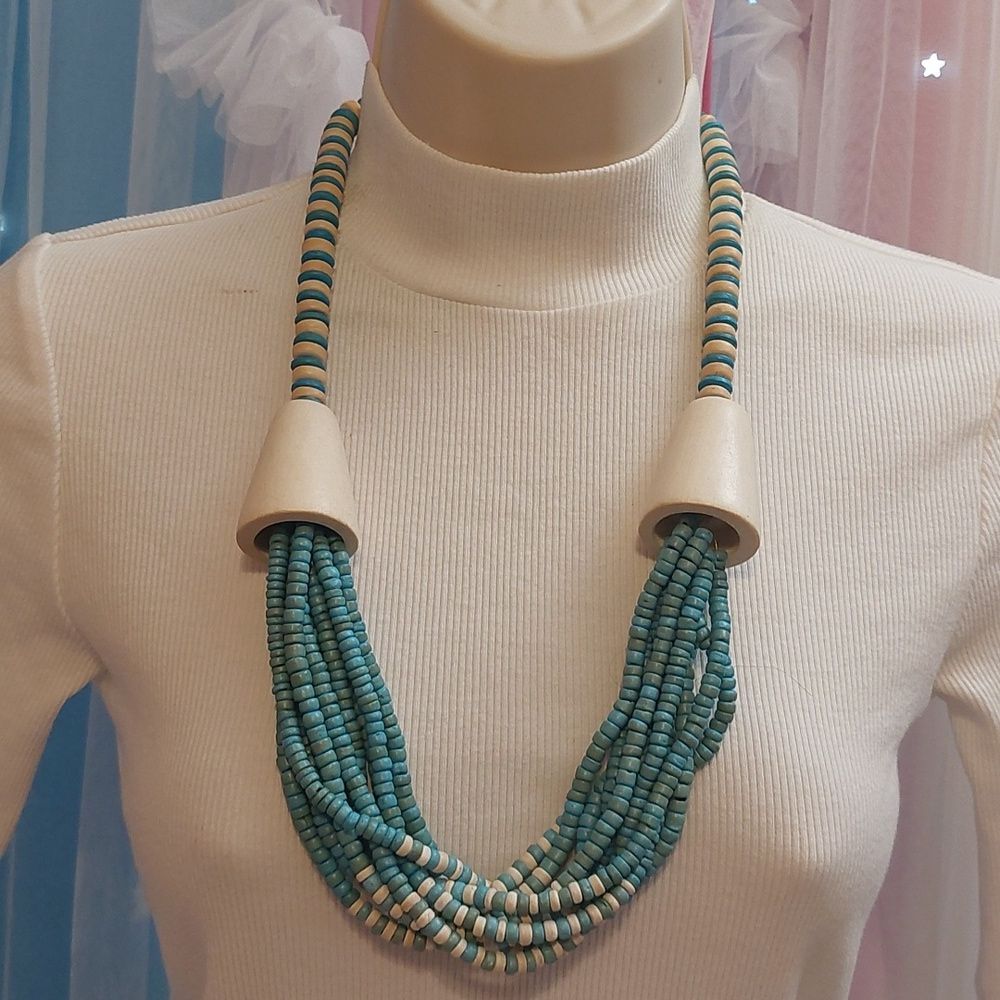 Vintage Exotic Boho Tribal Blue White Wiod Beads Statement Necklace
